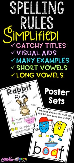 two posters with the words spelling rules and an image of a cartoon character on it