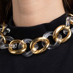 Crafted for maximum gleam, this chunky chain-link collar necklace with gold and clear resin is a statement-making top off to any outfit. Polished gold Clear resin links 17" long Gold Link Necklace, Necklace Craft, Chunky Necklace, Clear Resin, Kenneth Jay Lane, Polish Jewelry, Gold Pendant Necklace, Chain Link Necklace, Link Necklace