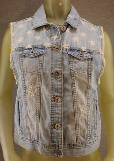 Bullhead Denim Co Patriotic Trucker Blue & White Distressed Vest Slim Fit Blue White, Blue And White