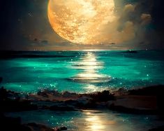 the full moon is shining brightly over the ocean