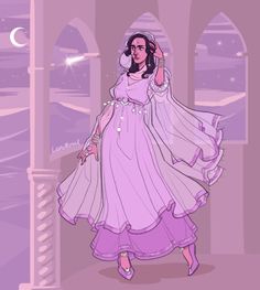 a drawing of a woman in a purple dress with her hand on her head and the moon behind her