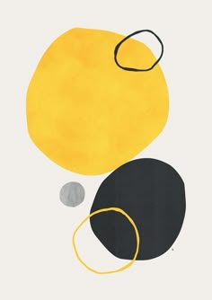 an abstract painting with black and yellow circles