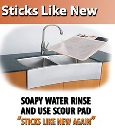 a sink with the words soapy water rinse and use scrub pad sticks like new again