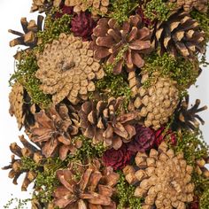 a bunch of pine cones are arranged on top of each other in the shape of flowers