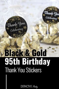 black and gold birthday thank you stickers with foil confetti on them for guests