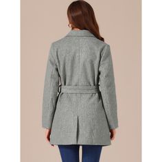 The long trench coat is shaped in a classic double-breasted cut. This soft, elegant coat with a tie around the waist detail is a classic look and will keep you warm in the cool weather. Whether you want to dress up your look or just stay warm in casual winter, it is a better choice for you. The self-tie belt style is flattering and fits more different body shapes. Winter Belted Pea Coat With Lapel Collar, Winter Pea Coat With Belted Lapel Collar, Winter Pea Coat With Belt And Lapel Collar, Belted Pea Coat For Winter, Winter Office Belted Blazer, Winter Lapel Collar Belted Blazer, Winter Blazer With Belted Lapel Collar, Winter Belted Blazer With Lapel Collar, Gray Belted Long Sleeve Outerwear