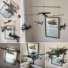 several pictures of airplanes hanging from the ceiling in different ways, including an airplane mobile