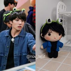 there are two pictures one has a crocheted doll and the other has a stuffed animal