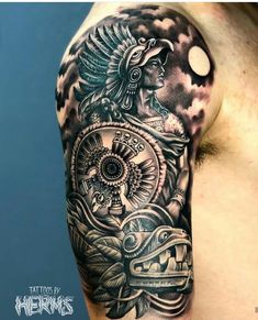 Aztec Warrior God Tattoo, Aztec Sleeve Tattoos Mens Arm, Mayan Sleeve Tattoo, Mexican Half Sleeve Tattoo, Mexican Color Tattoos, Mayan And Aztec Tattoos, Aztec Tattoo Ideas For Men, Aztec Shoulder Tattoo Men, Negative Shade Tattoos