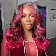 4x4 Wig, Black Hair Wig, Black Hair Wigs, Hair Colorful, Ombre Highlights, Pink Highlights, Colored Wigs, Front Lace Wigs Human Hair, Real Human Hair