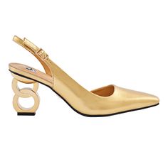 Metallic or Patent Faux Leather upper, Slingback strap with adjustable buckle closure,3\ metallic chainlink design heel, Squared off pointed toe, Lightly cushioned footbed, Rubber outsole, D'Orsay inspired silhouette | Women's Ninety Union Rain Slingback Pumps in Gold Size 9 Party Slingback Pumps With Chain Strap And Pointed Toe, Gold Pointed Toe Slingback Pumps With Buckle Closure, Gold Slingback Pumps With Buckle Closure And Pointed Toe, Gold Pointed-toe Slingback Pumps With Buckle, Spring Gold Slingback Pumps With Buckle, Gold Slingback Pumps With Buckle For Spring, Gold Pointed Toe Heels With Chain Strap, Gold Heels With Chain Strap And Pointed Toe, Gold Pumps