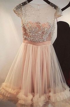 A-Line Jewel Short Champagne Tulle Homecoming Dress with Pearls by Hiprom, $129.20 USD Dresses With Pearls, Quincenera Dresses, Cute Homecoming Dresses, Tulle Homecoming Dress, Beaded Cocktail Dress, Short Party Dress, Prom Ideas, Glamorous Dresses, Short Homecoming Dress