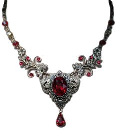 Vintage Scarlet Red Crystal Necklace Set, Vintage Jewelry, Vampire Jewelry Gothic Crystal Jewelry For Gift, Red Gothic Necklace For Formal Occasions, Red Ruby Victorian Necklace, Antique Jeweled Red Jewelry, Vintage Ruby Jewelry For Parties, Gothic Red Ruby Jewelry, Vampire Jewelry Necklaces, Necklace Vampire, Medieval Necklace