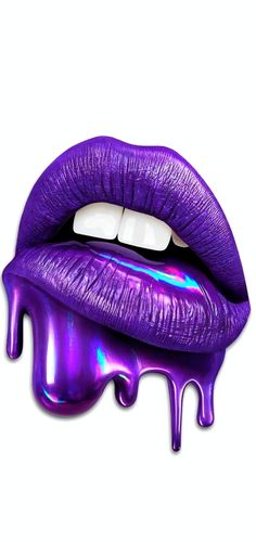 purple lipstick with white tips and dripping liquid on the lip, isolated against a white background