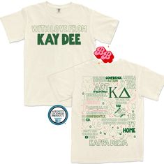 Our With Love from Kay Dee Tee features some the icons, legends, and history of the organization you are proud to have run home to. Take the values with you wherever you go in our Kay Dee Post Card Tee! Comfort Colors: Ivory Please note that due to availability, crew neck colors may differ slightly. unisex sizing, lead time of 2 weeks Machine wash on cool and inside out. Tumble dry low/ no heat. Do not iron directly, please place parchment between to protect design. Kappa Delta Shirts, Kappa Shirt, Sorority Tshirt Designs, Big/little Baskets, Greek Designs, Parents Weekend Shirts, Recruitment Shirts, Sorority Shirt, Alpha Xi