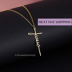 Express your faith with a Solid Sterling Silver or 18K Gold Plated Jesus Cross Necklace.  The minimalist Jesus script necklace has a simple yet elegant look! Made in NC, USA, and shipped the next day! ✝️Material: Sterling Silver ✝️Finish: High Polished Rhodium or 18K Gold plated ✝️Nickel Free, Tarnish Resistant ✝️Dimensions:       Large Size: Height: 44 mm (1.73 inches) Small Size: Height: 27 mm (Slightly more than an inch).                     Width: 14 mm ✝️The chain length: 18 inches Each item comes in a gift box, ready to be gifted! 😊 A Personalized Jewelry (APJ) is a branch of Minique Jewelry.  https://www.etsy.com/shop/MiniqueJewelry Pride Necklace, Script Necklace, Silver Cross Necklace, Sterling Silver Cross Necklace, Jesus Cross, Jewelry Accessories Ideas, Personalized Pendant, Christian Jewelry, Jesus On The Cross