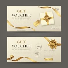 two gift vouchers with golden ribbons and bows on them, one for the holiday season