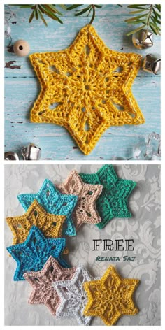 crocheted star ornament is shown in three different colors and sizes, with the