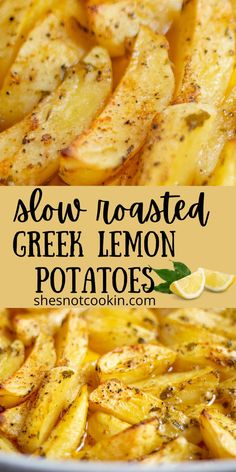 Greek lemon roasted potatoes in white dish with text overlay. Roasted Greek Potatoes, Potatoes Healthy, Dinner Noodles, Greek Lemon Potatoes, Greek Potatoes, Lemon Potatoes, Potato Recipes Side Dishes, Easy Meatloaf, Greek Dishes