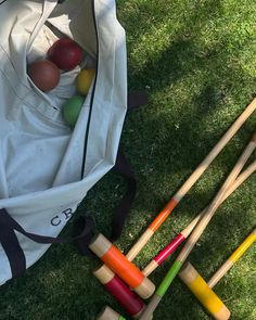 an assortment of wooden croquets and balls in a bag on the grass