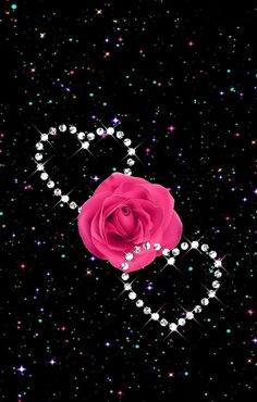 a pink rose with some diamonds in the shape of a heart on a black background