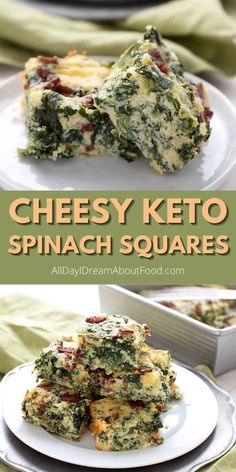 cheesey keto spinach squares are stacked on top of each other and ready to be eaten