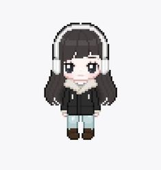 a pixel art girl with headphones on her ears and black hair, standing in front of a white background