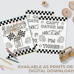 two printable birthday cards with the words happy cat can't catch me and i'm three