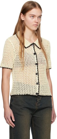 Semi-sheer crocheted mercerized cotton shirt. Scalloped trim in black throughout. · Spread collar · Button closure Supplier color: Ivory Wynn Hamlyn, Crochet Shirts, Mesh Button Up, Shirt Blouses Women's, Crochet Shirt, Scalloped Trim, Shirts Blouses, Collar Shirt, Knit Shirt