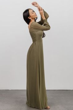 Our Giselle Maxi Dress comes in a dusty olive color and is oh so gorgeous. Don't forget to get this dress for your next event! Elegant Fitted Khaki Maxi Dress, Olive Maxi Dress, Winter Formal Dresses, Dark Sage, Baltic Born, Sage Color, Winter Formal, Rust Dress, Dress Dusty