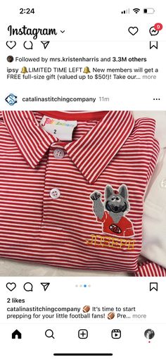 a red and white striped shirt with an image of a bear on the chest is shown