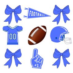 various sports items with bows and ribbons on white background, including football jersey, helmet, hand gesture