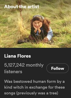 a woman kneeling down in the grass with her hand on her face and text above it that reads, about the artist lana flores