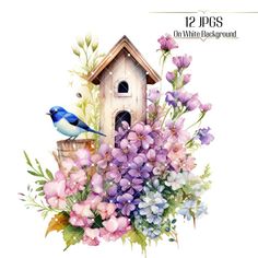 a watercolor painting of a birdhouse and flowers