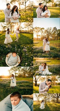 a couple and their baby are posing for pictures in the park