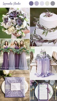 purple and green wedding color palettes for the bride's bouquet, flowers, and cake