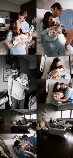 a collage of photos shows a man and woman holding their baby