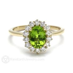 Gorgeously feminine, a pretty Peridot and diamond ring in your choice of 14K or 18K White, Yellow or Rose Gold. At the center is a 1.35ct lovely Peridot, surrounded by a halo of conflict free diamonds, .40cts total weight. So pretty! Peridot is the birthstone for August. Made to order. Please allow Peridot Engagement Rings Vintage, Green Promise Ring, Green Wedding Ring, Wedding Ring Green, Green Engagement Ring, Peridot Engagement Ring, Peridot Engagement Rings, Peridot Color, Green Gemstone Ring