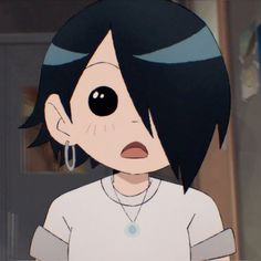 an anime character with black hair wearing a white shirt and silver earrings, staring at the camera