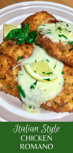 italian style chicken with lemon sauce on a white plate