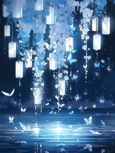 a bunch of butterflies are flying in the air above water and some light up lanterns