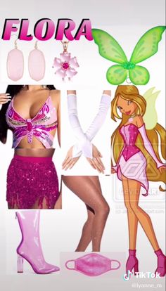 the barbie doll is dressed in pink and has green wings on her head, while she wears