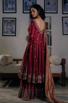 Maroon anarkali with thread, sequin, bead, cutdana embroidery in floral pattern. Paired with border embroidered gharara and dupatta. - Aza Fashions Anarkali Palazzo Set With Dabka For Wedding, Raw Silk Dabka Gown For Diwali, Dabka Embroidered Raw Silk Gown For Diwali, Diwali Raw Silk Gown With Dabka, Diwali Dabka Detail Raw Silk Gown, Anarkali Style Sharara With Dabka For Reception, Designer Floor-length Sharara With Dabka Detailing, Designer Floor-length Dabka Sharara, Sequin Anarkali