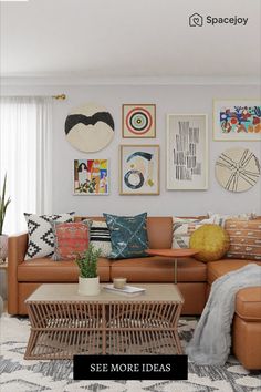 a living room filled with lots of furniture and pictures on the wall above it's coffee table