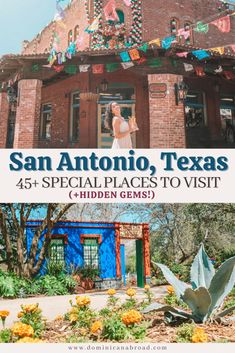 an old building with the words san antonio, texas on it and flowers in front