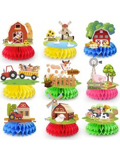 Colorful Farm Honeycomb Centerpieces: You will get 9 pcs of honeycomb farm centerpieces for party in different styles, sufficient quantity and diverse styles, perfect choice for farm party decorations. Interesting Design: Our farm birthday party honeycomb centerpieces are designed with various colors and exquisite patterns, including animal patterns such as cow,pig,hurse,sheep etc, which are interesting and eye-catching, and can easily make your farm theme party stand out. Excellent Farm Party Honeycomb Centerpieces: All farm birthday honeycomb centerpiece are made of high-quality paper material, which is lightweight and sturdy, practical and beautiful, and can bring you a good farm party experience. Easy to Assembly: Say goodbye to decorating worries with our farm birthday party decoratio Farm Birthday Decorations, Honeycomb Centerpiece, Animal Table, Centerpiece For Table