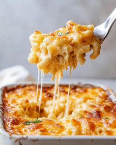 a spoon full of macaroni and cheese being lifted from a casserole dish