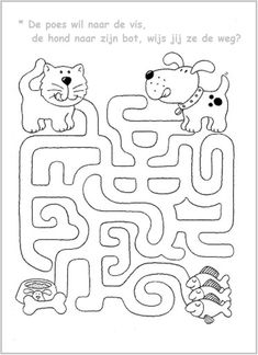 a dog and cat are looking at the fish in this maze coloring page for kids