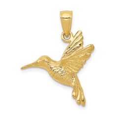 14k Yellow Gold Soild Textured Polished Finish Open Back Hummingbird Charm Pendant at $ 263.19 only from Jewelryshopping.com Gold Hummingbird, Hummingbird Necklace, Hummingbird Pendant, Humming Bird, Rose Jewelry, Fine Jewelry Gift, Fine Jewellery Necklace, Gold Texture, Sterling Silver Bands