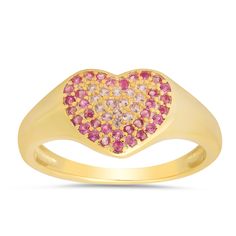 This 14k Gold Silver Pink Sapphire Ombre Heart Ring is a captivating piece of jewelry, featuring a heart design adorned with a stunning gradient of pink sapphire cubic zirconia stones. Expertly crafted from high-quality sterling silver, this ring combines vibrant color with elegant style, making it a perfect accessory for adding a touch of romance and charm to any outfit.  Stamped 925 Simulated Pink Sapphire Stones - 0. 24 CTW (diamond equivalent) Real 14k Gold Over Silver - Stamped "925" for au Pink Gemstone Ring For Valentine's Day, Pink Ruby Ring With Pave Setting For Anniversary, Pink Heart Cut Ruby Ring For Valentine's Day, Pink Ruby Ring For Valentine's Day, Anniversary Pink Ruby Ring With Pave Setting, Pink Pave Set Rings For Anniversary, Pink Rings With Pave Setting For Anniversary, Valentine's Day Pink Ruby Ring, Pink Heart Ring In Cubic Zirconia, Fine Jewelry Style